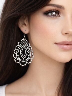 Silver Teardrop Earrings - Filigree Style Women Fashion Jewelry